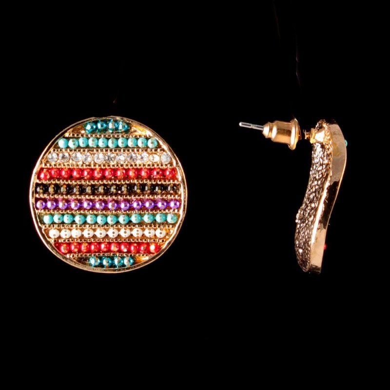Coin Stud Earrings, Colored Rhinestones, Gold-Plated Metal, 25mm